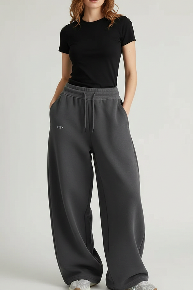 Pantalon Gris Large Coton Décontracté Femme - Molleton