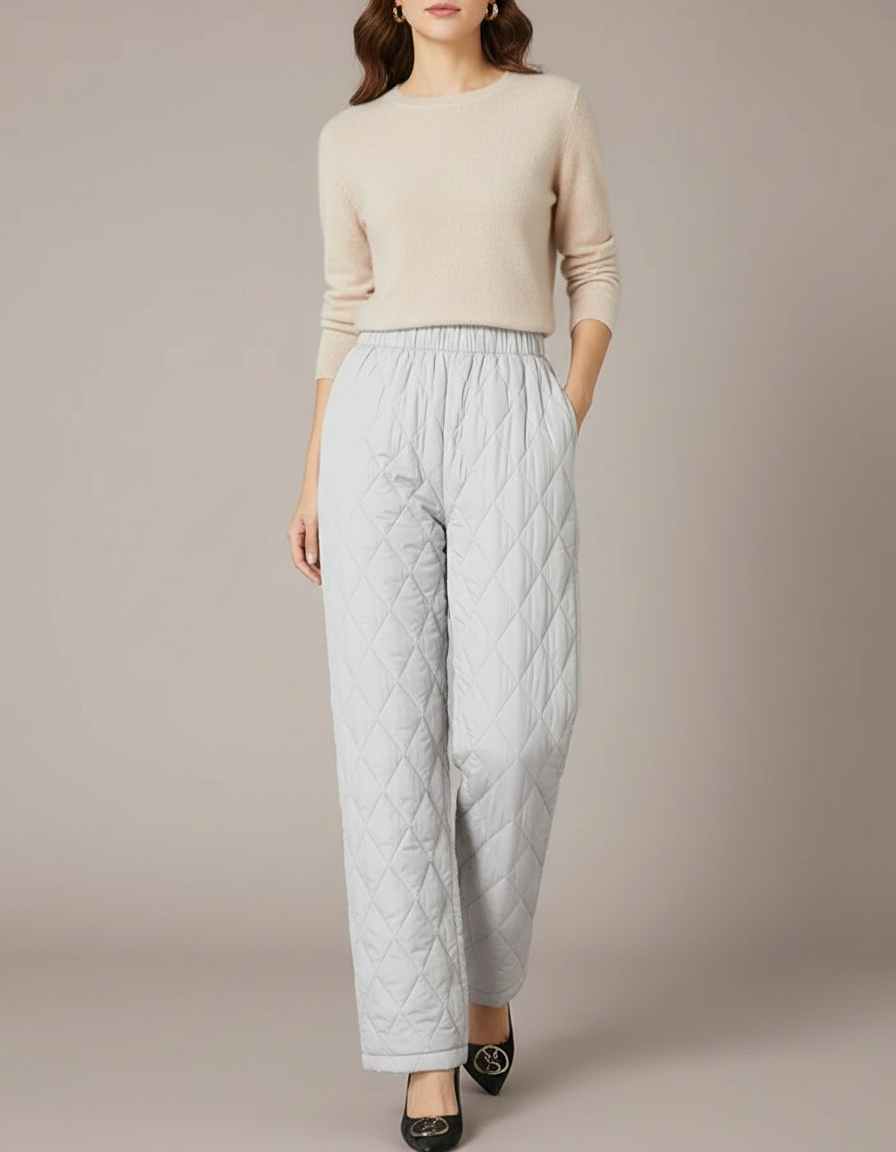 Pantalon Gris Matelassé Ample Hiver Chaud Femme - Polyester