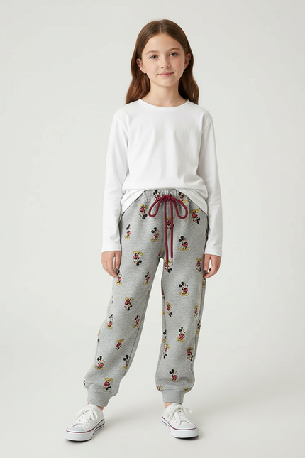 Pantalon Gris Molletonné Imprimé Mickey Enfant Décontracté Cordon