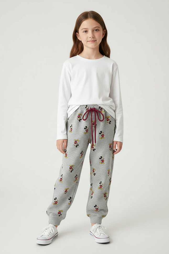 Pantalon Gris Molletonné Imprimé Mickey Enfant Décontracté Cordon