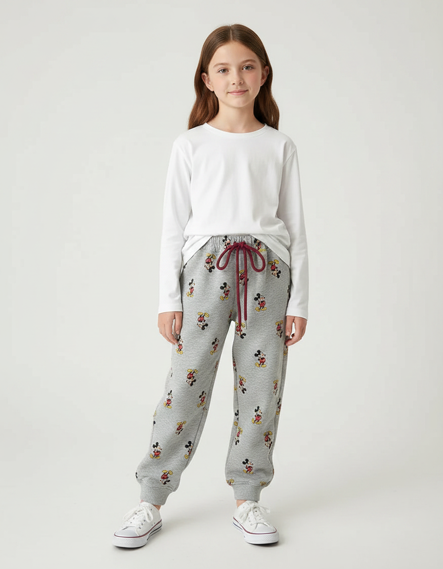 Pantalon Gris Molletonné Imprimé Mickey Enfant Décontracté Cordon