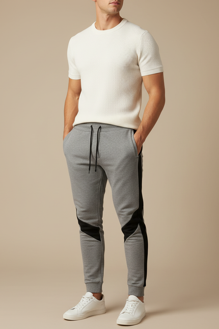 Pantalon Gris Jogging Sportif Slim Bandes Noires - Molleton