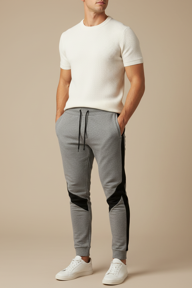 Pantalon Gris Jogging Sportif Slim Bandes Noires - Molleton