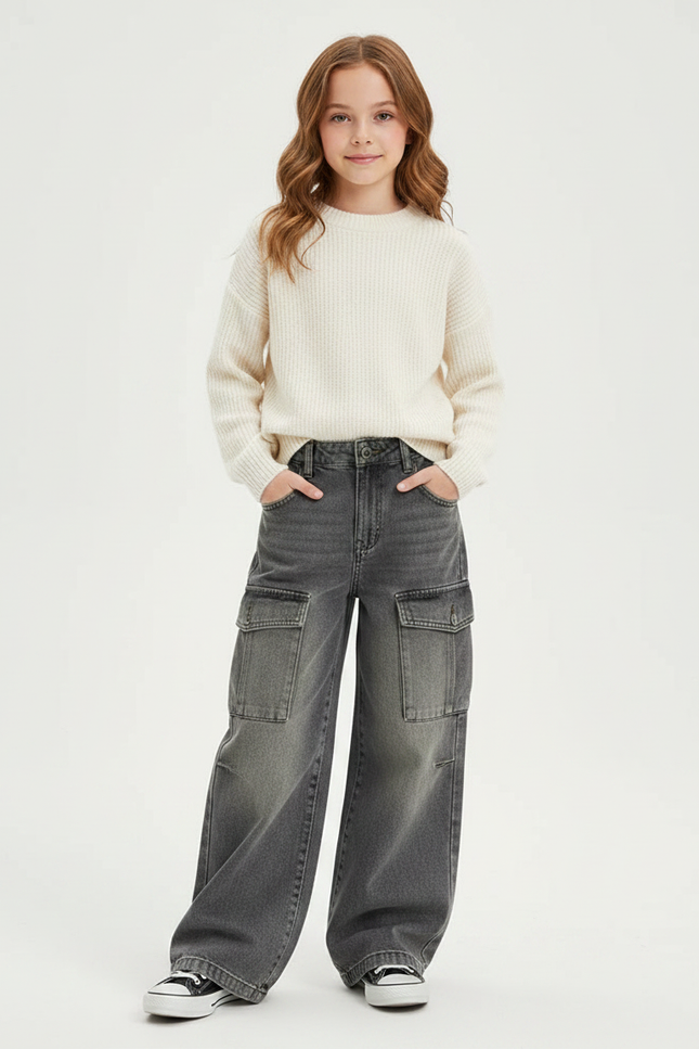 Pantalon Gris Cargo Ample Délavé Enfant Denim - Jean