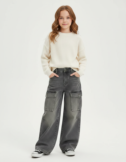 Pantalon Gris Cargo Ample Délavé Enfant Denim - Jean