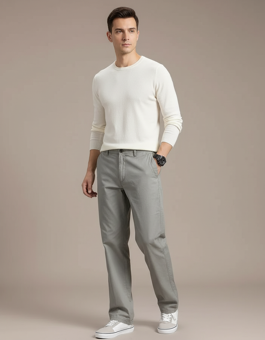 Pantalon Gris Coton Droit Décontracté Homme Moderne