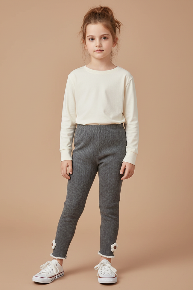 Pantalon Gris Legging Fille Fleur Tricoté Chaud - Maille
