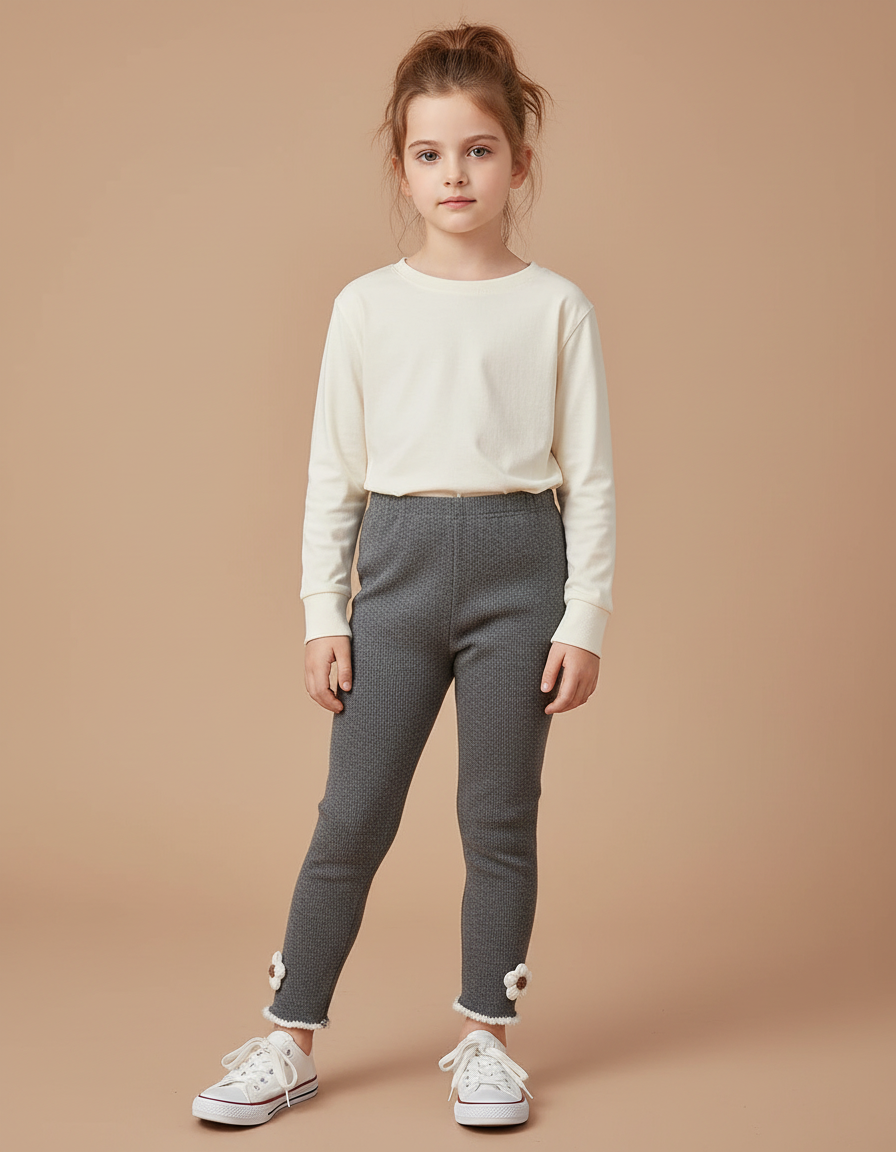 Pantalon Gris Legging Fille Fleur Tricoté Chaud - Maille