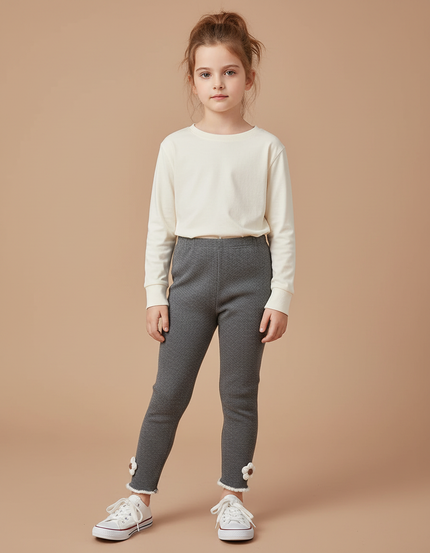 Pantalon Gris Legging Fille Fleur Tricoté Chaud - Maille