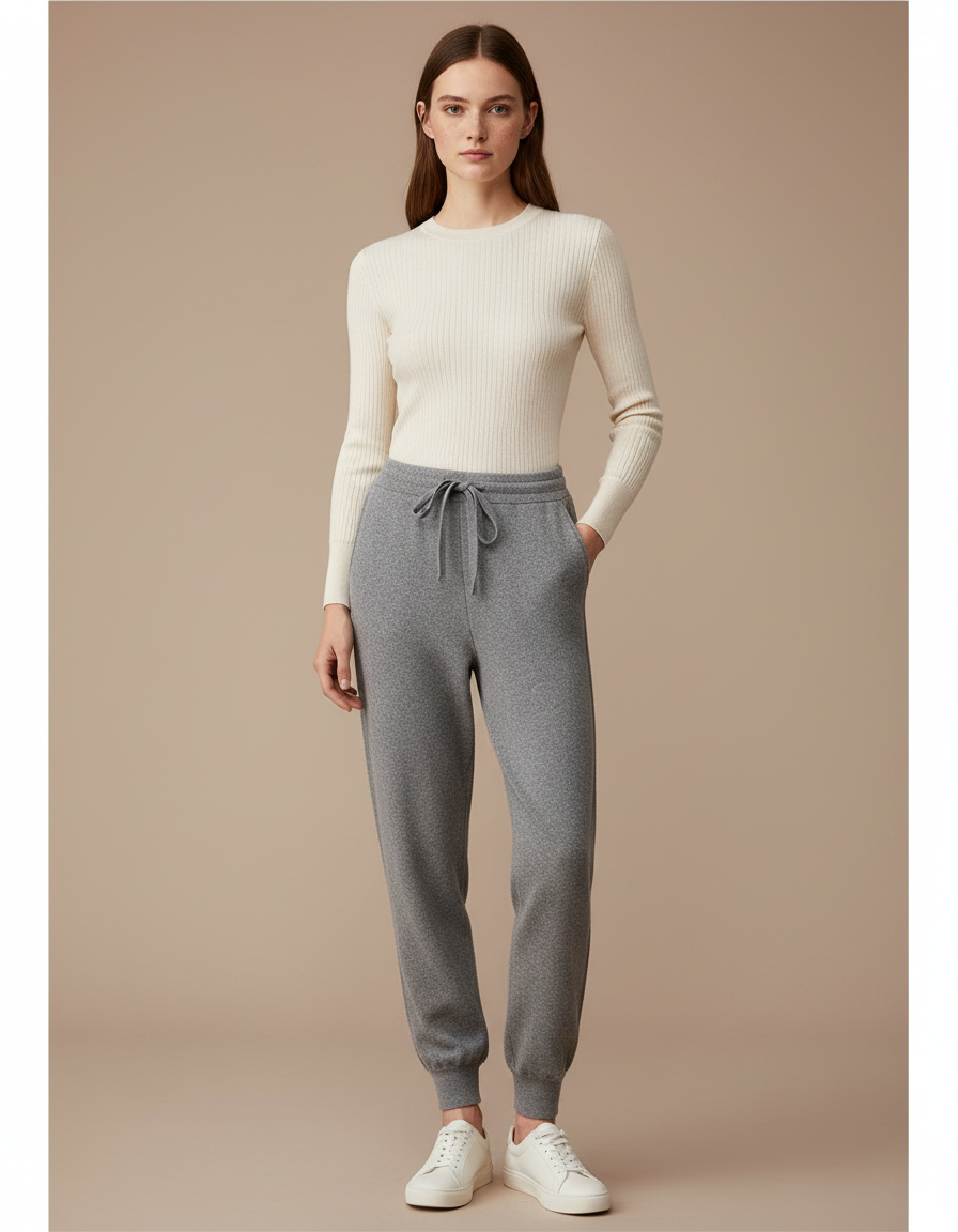 Pantalon Gris Molletonné Confortable Tricoté Femme