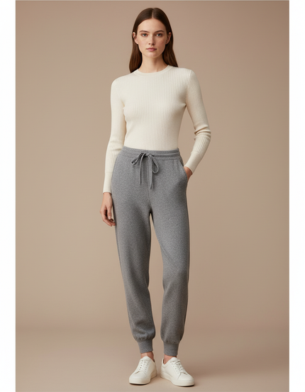 Pantalon Gris Molletonné Confortable Tricoté Femme