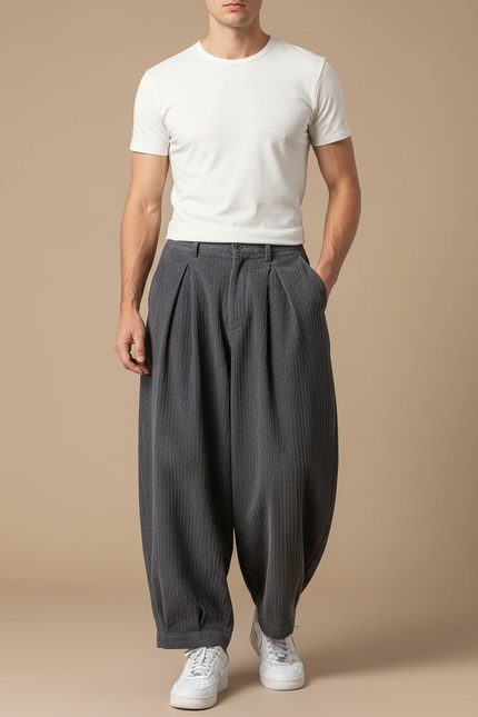 Pantalon Gris Ample Décontracté Côtelé Homme - Cordé