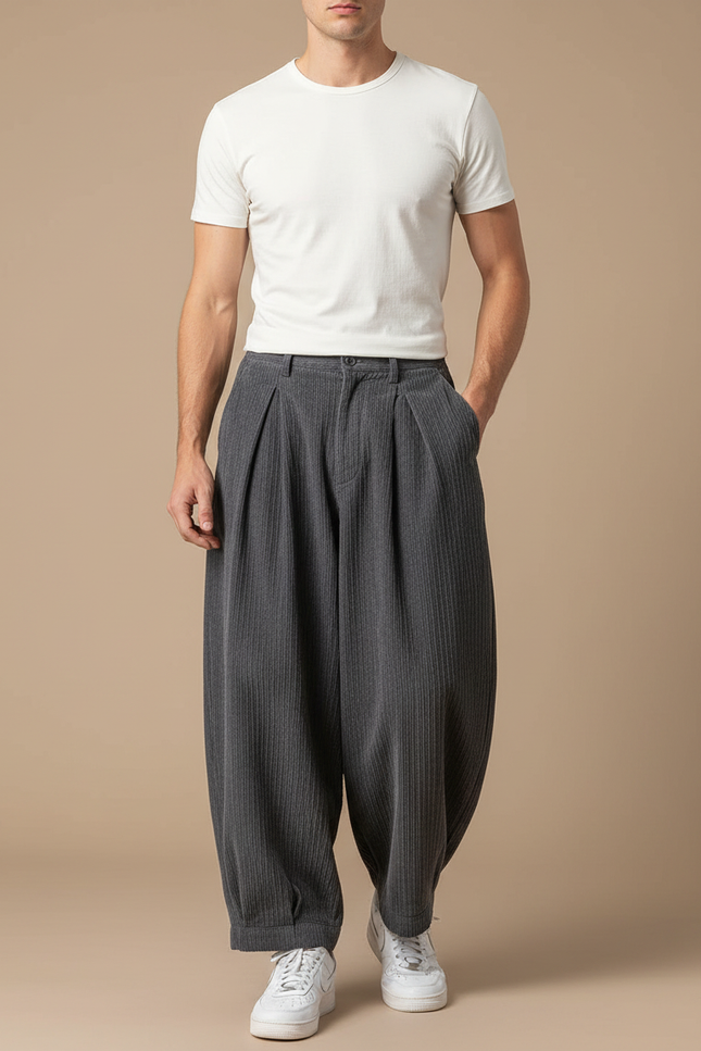 Pantalon Gris Ample Décontracté Côtelé Homme - Cordé