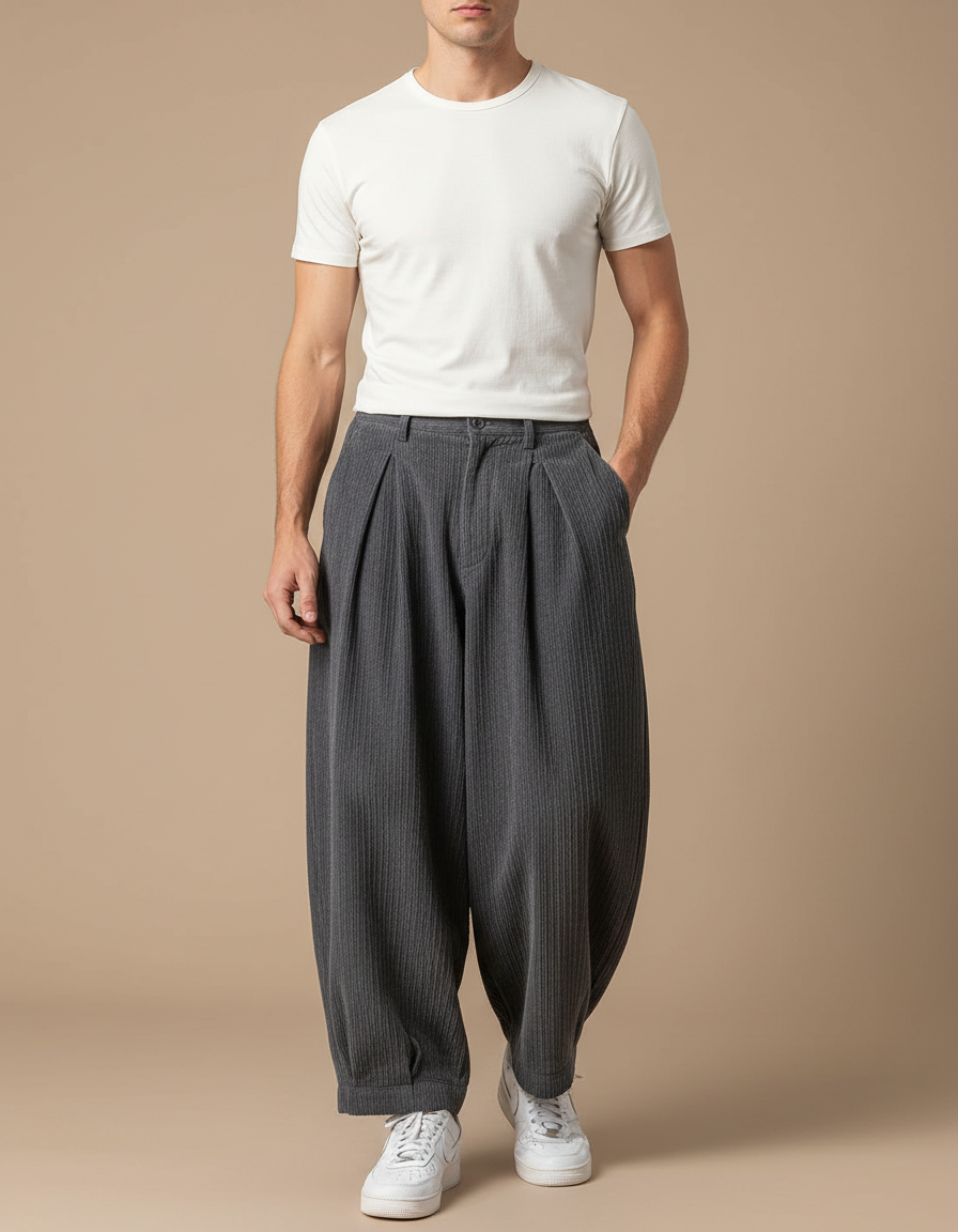 Pantalon Gris Ample Décontracté Côtelé Homme - Cordé