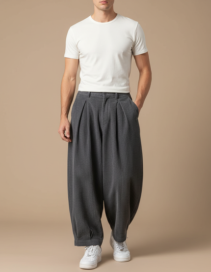 Pantalon Gris Ample Décontracté Côtelé Homme - Cordé