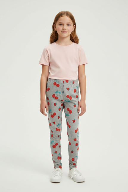 Pantalon Gris Fille Coton Extensible Imprimé Cerises