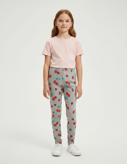Pantalon Gris Fille Coton Extensible Imprimé Cerises