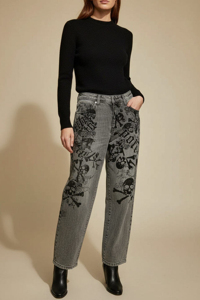 Pantalon Gris Jean Large Imprimé Crânes Gothique