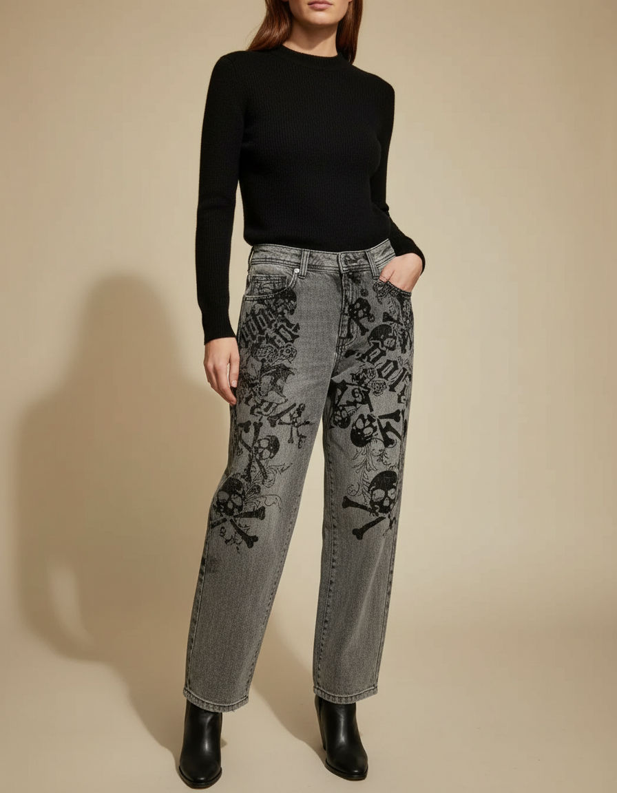 Pantalon Gris Jean Large Imprimé Crânes Gothique
