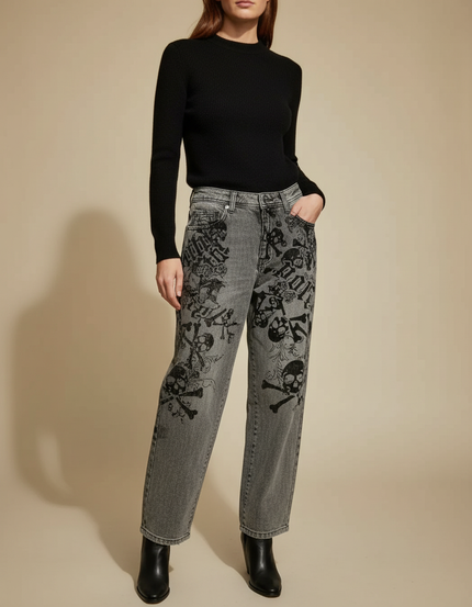 Pantalon Gris Jean Large Imprimé Crânes Gothique