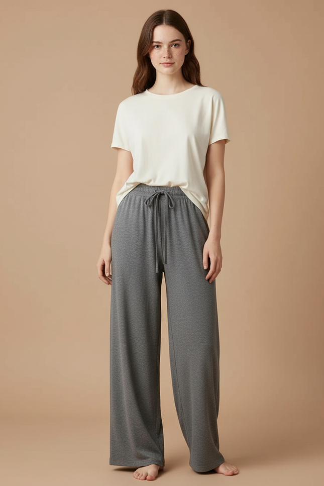 Pantalon Gris Ample Fluide Décontracté Cordon - Molleton