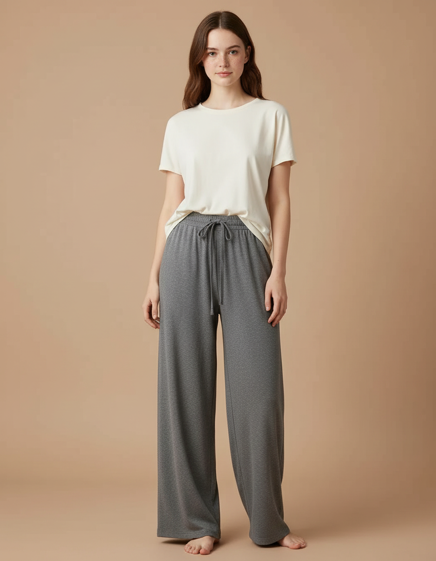 Pantalon Gris Ample Fluide Décontracté Cordon - Molleton