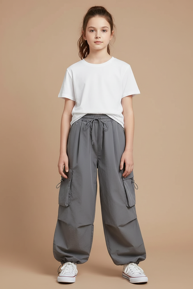 Pantalon Gris Cargo Ample Cordon Décontracté Fille - Polyester