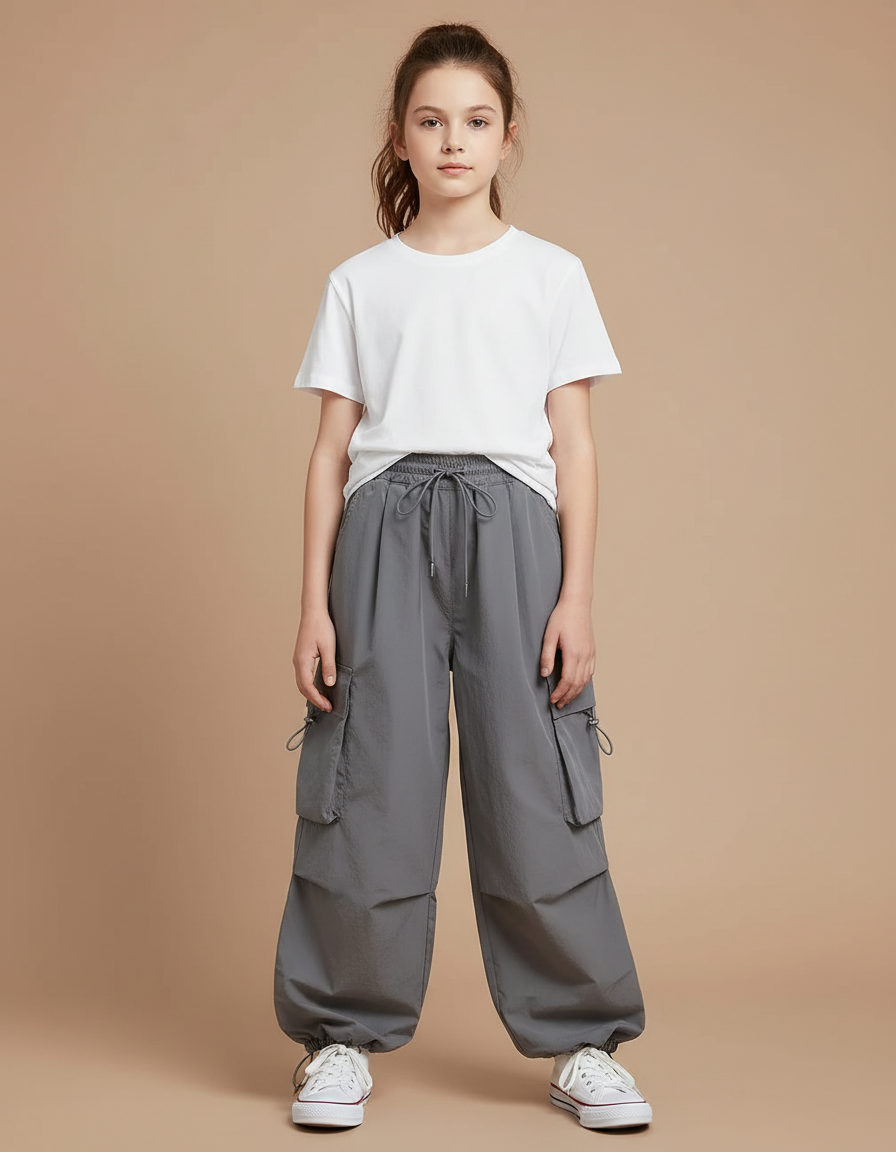 Pantalon Gris Cargo Ample Cordon Décontracté Fille - Polyester