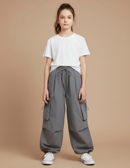 Pantalon Gris Cargo Ample Cordon Décontracté Fille - Polyester
