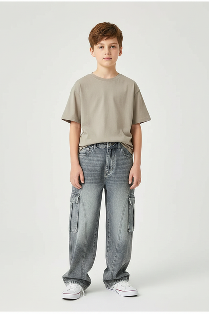 Pantalon Gris Cargo Ample Denim Garçon - Jean