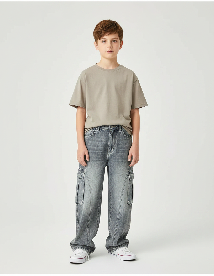 Pantalon Gris Cargo Ample Denim Garçon - Jean