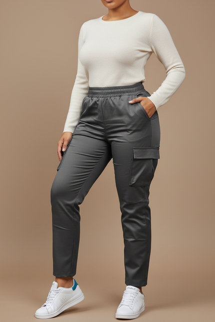 Pantalon Gris Satiné Cargo Taille Élastique Femme