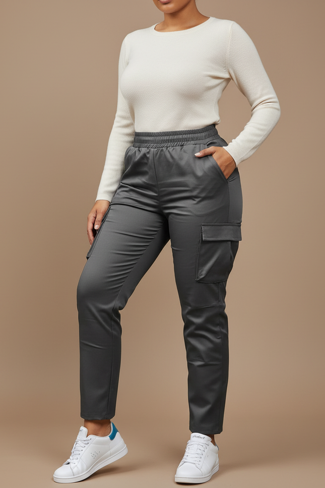 Pantalon Gris Satiné Cargo Taille Élastique Femme
