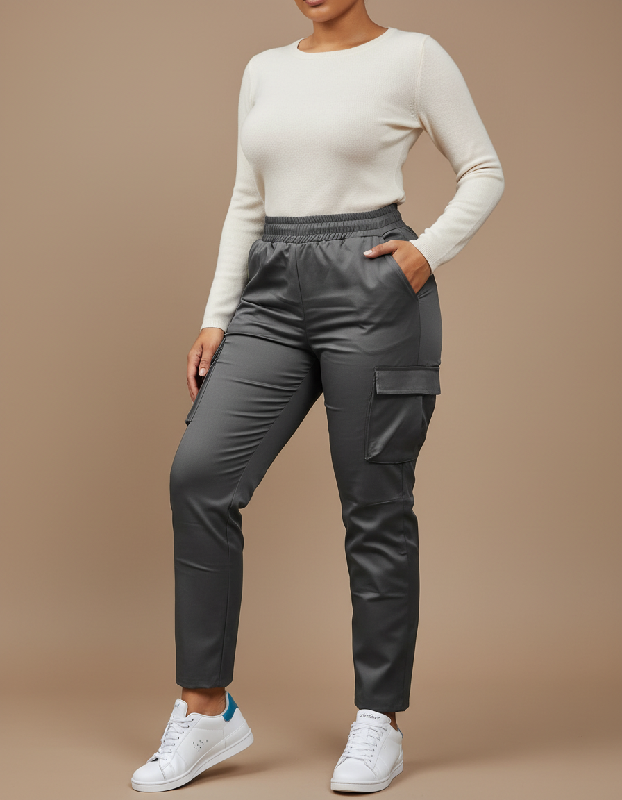 Pantalon Gris Satiné Cargo Taille Élastique Femme