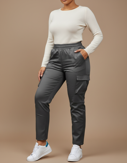 Pantalon Gris Satiné Cargo Taille Élastique Femme