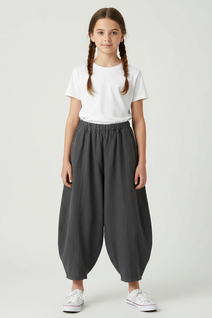 Pantalon Gris Ample Coton Fluide Fille