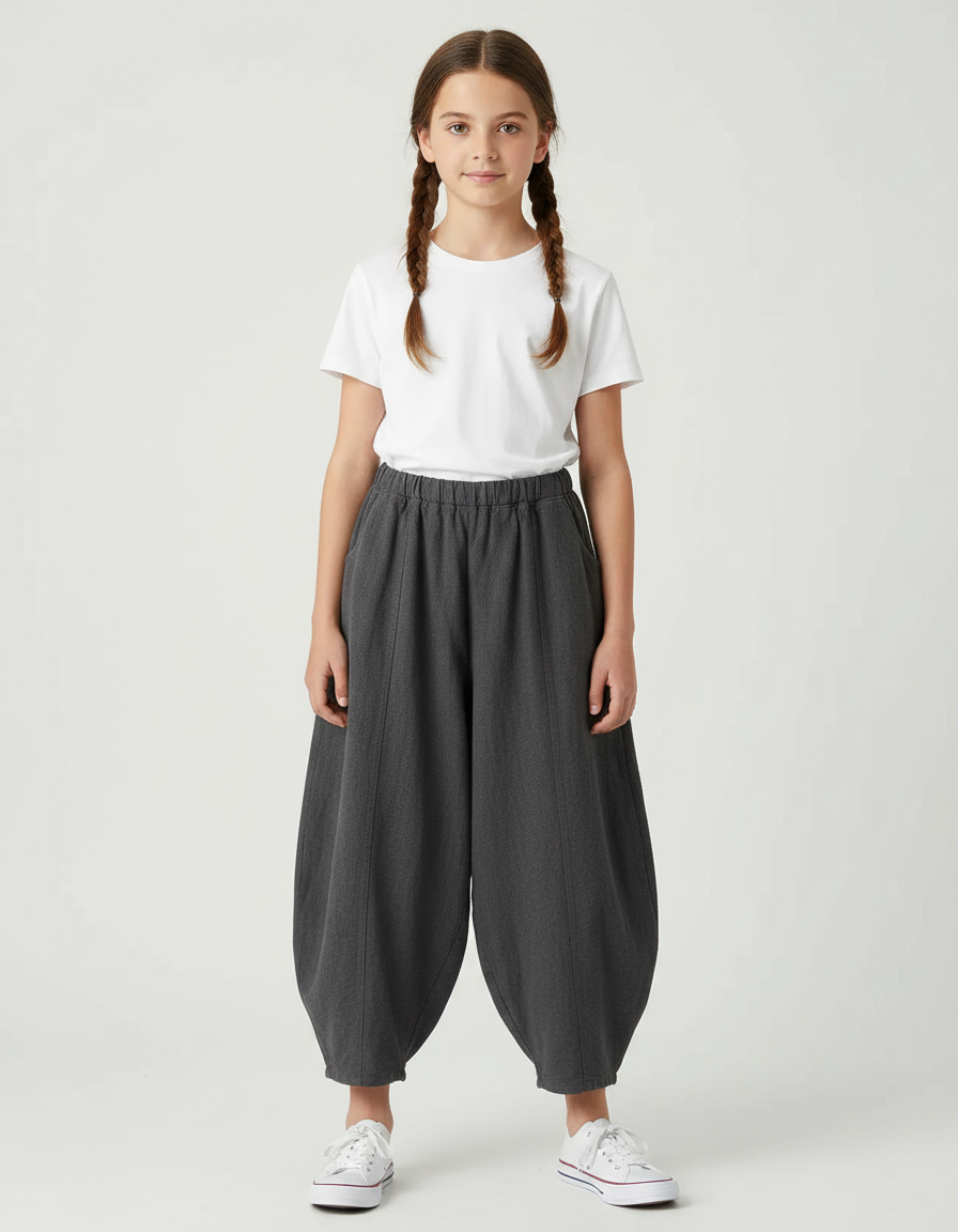 Pantalon Gris Ample Coton Fluide Fille