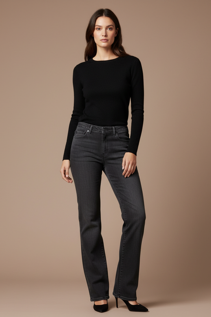 Pantalon Gris Jean Évasé Coupe Droite Femme