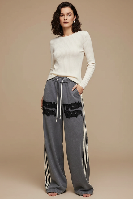 Pantalon Gris Ample, Coton, Rayures, Décontracté, Femme - Molleton