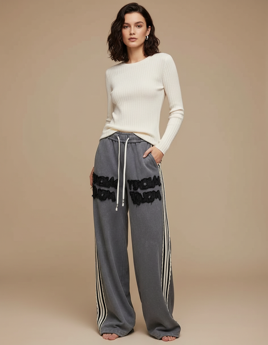 Pantalon Gris Ample, Coton, Rayures, Décontracté, Femme - Molleton