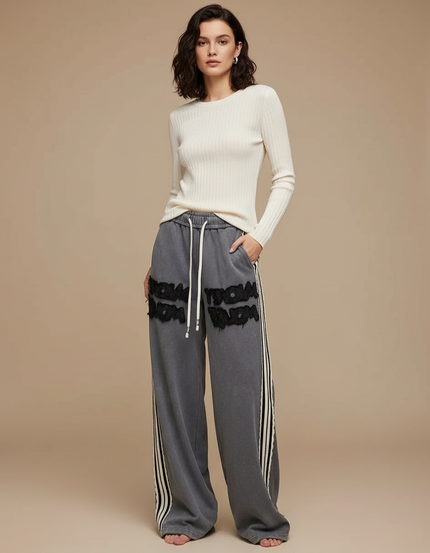 Pantalon Gris Ample, Coton, Rayures, Décontracté, Femme - Molleton