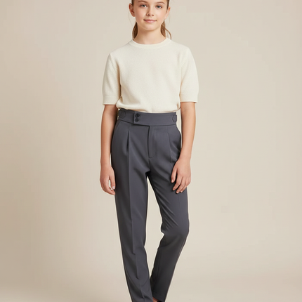Pantalon Gris Plissé Taille Haute Élégant Fille - Polyester