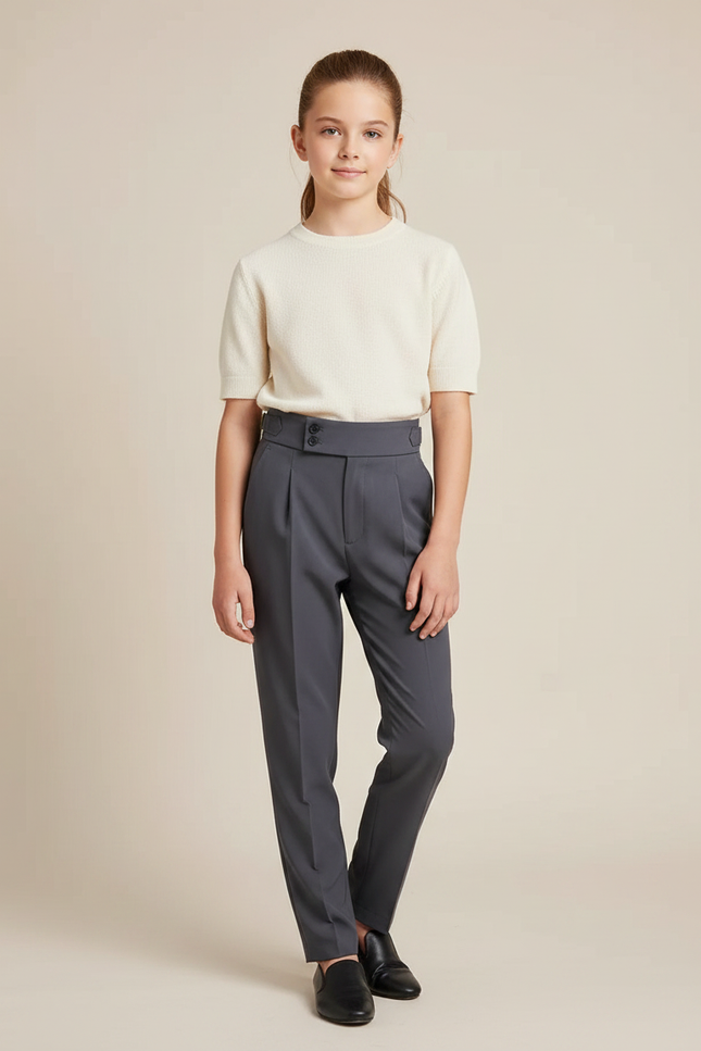 Pantalon Gris Plissé Taille Haute Élégant Fille - Polyester