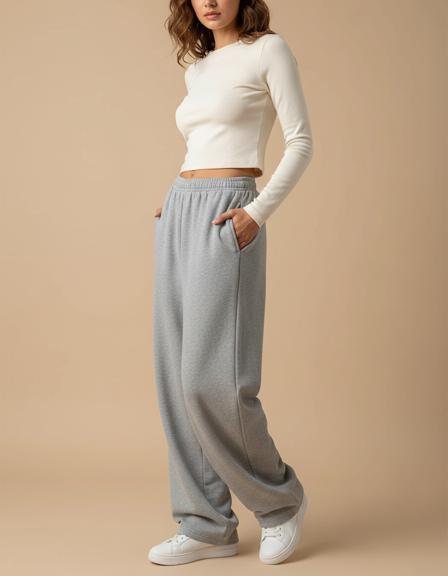 Pantalon Gris Ample Décontracté Confortable Molletonné