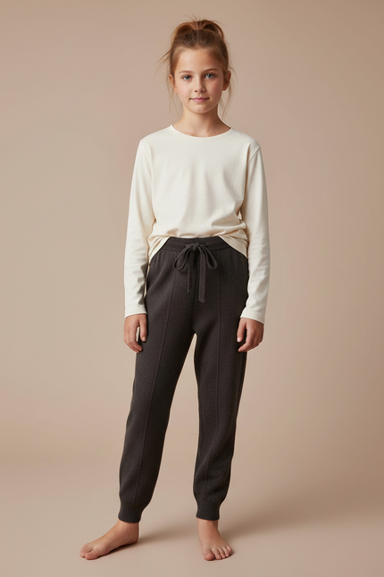 Pantalon Gris Tricoté Décontracté Cordon Fille - Maille