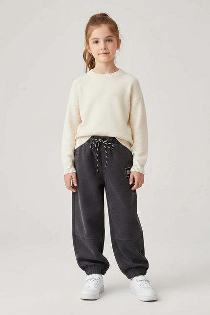 Pantalon Gris Côtelé Chaud Ample Cordon Fille - Cordé