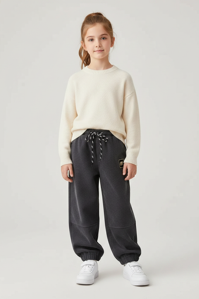 Pantalon Gris Côtelé Chaud Ample Cordon Fille - Cordé