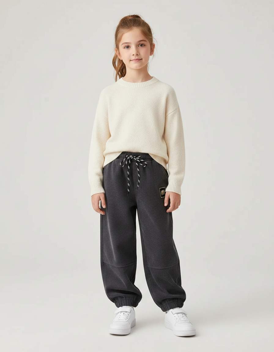 Pantalon Gris Côtelé Chaud Ample Cordon Fille - Cordé