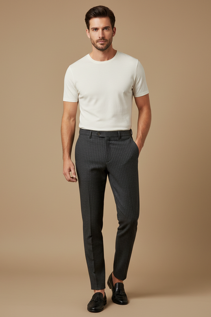 Pantalon Gris Rayé Slim Élégant Habillé Homme - Laine