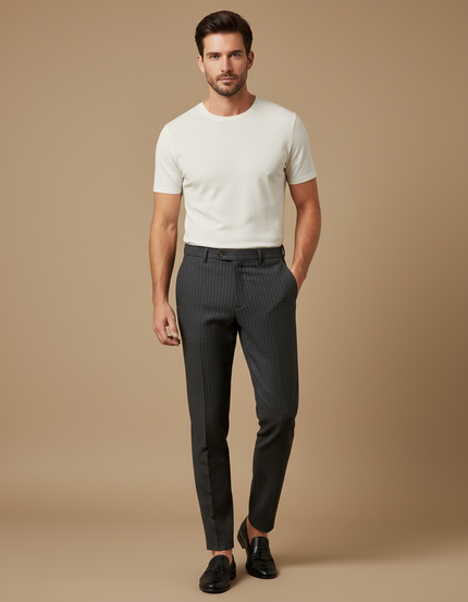 Pantalon Gris Rayé Slim Élégant Habillé Homme - Laine